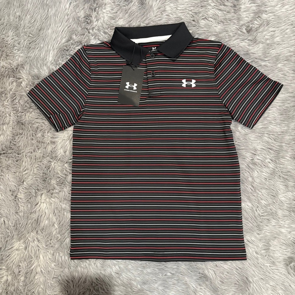 Under Armour Drifit Polo Short‎ Sleeve Shirt Black Red Stripes Boys Youth Small